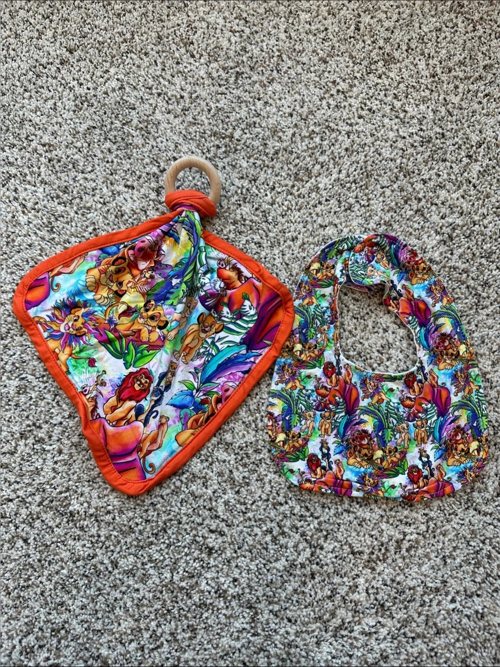 Colorful Lion-Print Baby Bamboo Bib and Bamboo Teether Lovey - Orange Trim